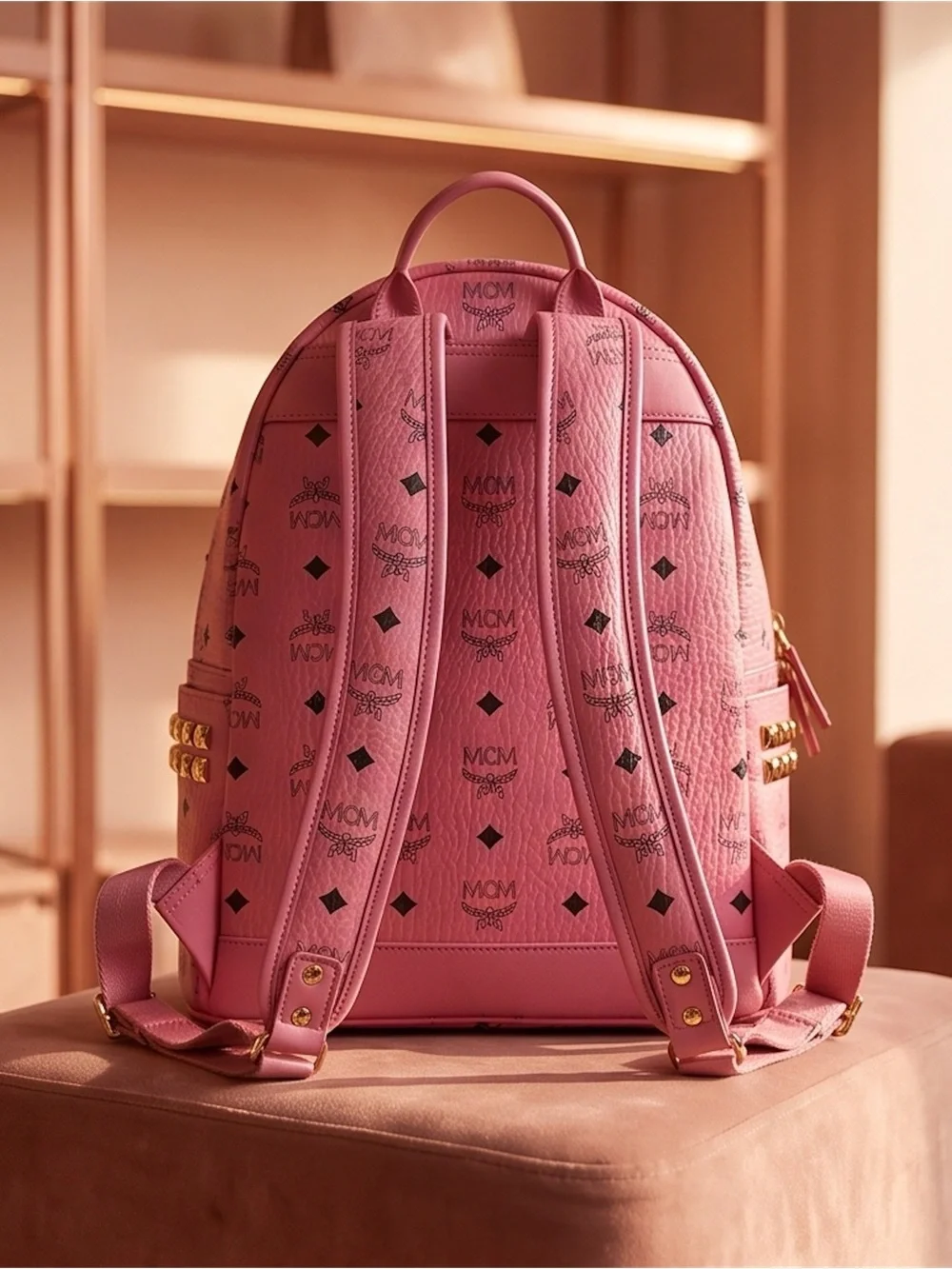 MCM VISETOS STUDDED MEDIUM STARK BACKPACK Bubble Gum Pink MSRP $1498